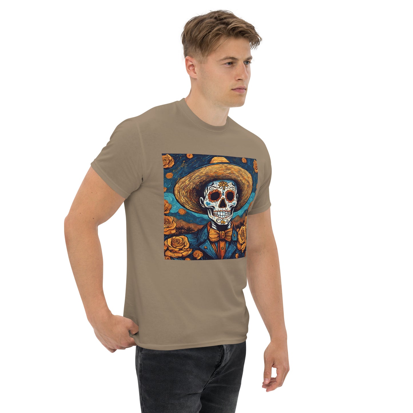 Men's classic tee. Van Gogh Self-Portrait Skull in Death's Day wit Cempasuchil Flowers.