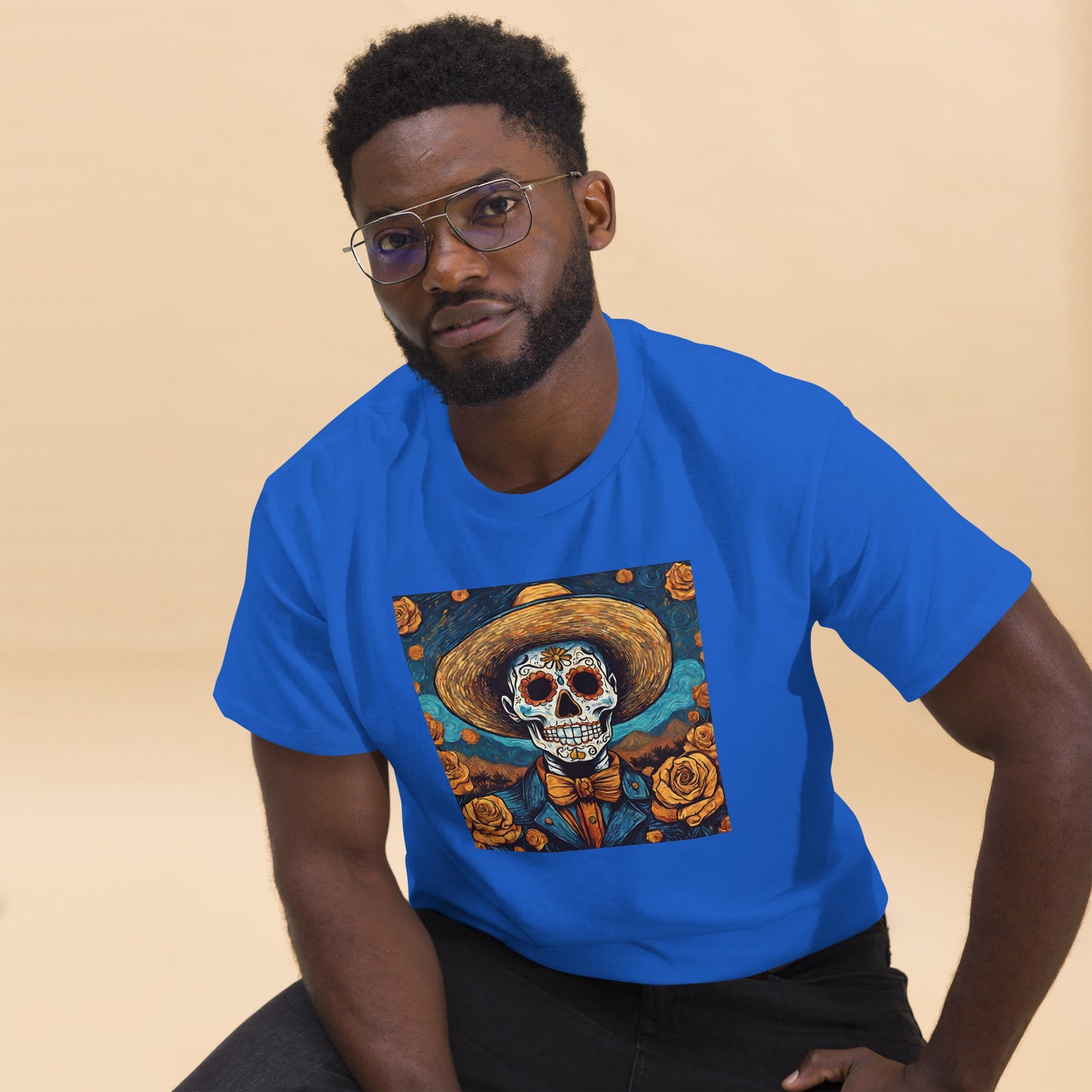 Men's classic tee. Van Gogh Self-Portrait Skull in Death's Day wit Cempasuchil Flowers.