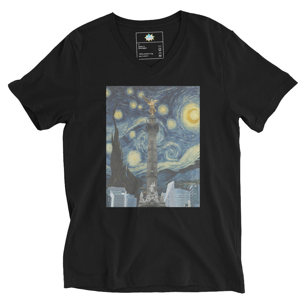 Unisex Short Sleeve V-Neck T-Shirt Angel de la Independencia on a Starry Night