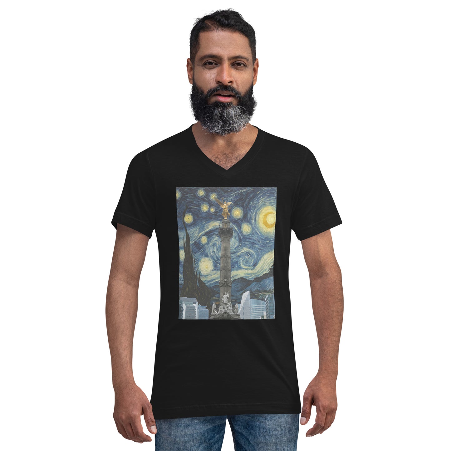 Unisex Short Sleeve V-Neck T-Shirt Angel de la Independencia on a Starry Night