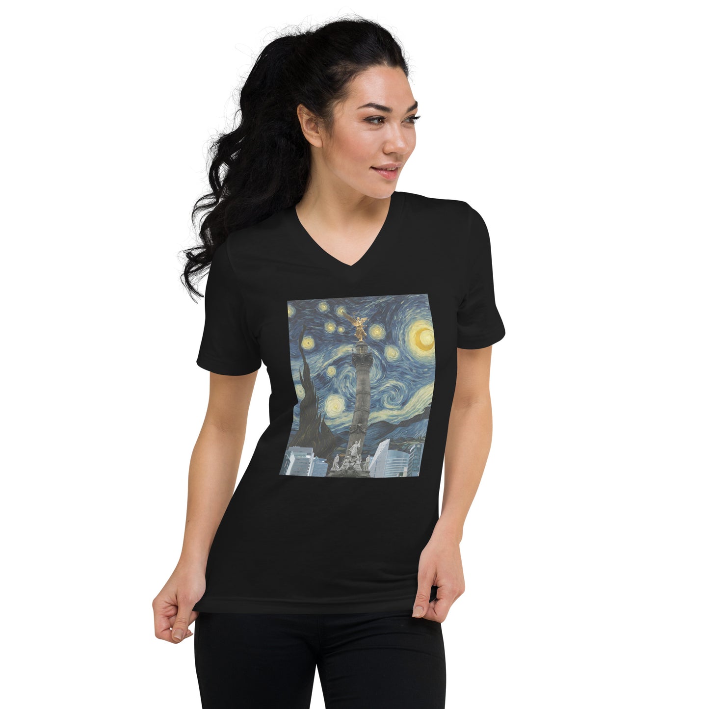 Unisex Short Sleeve V-Neck T-Shirt Angel de la Independencia on a Starry Night