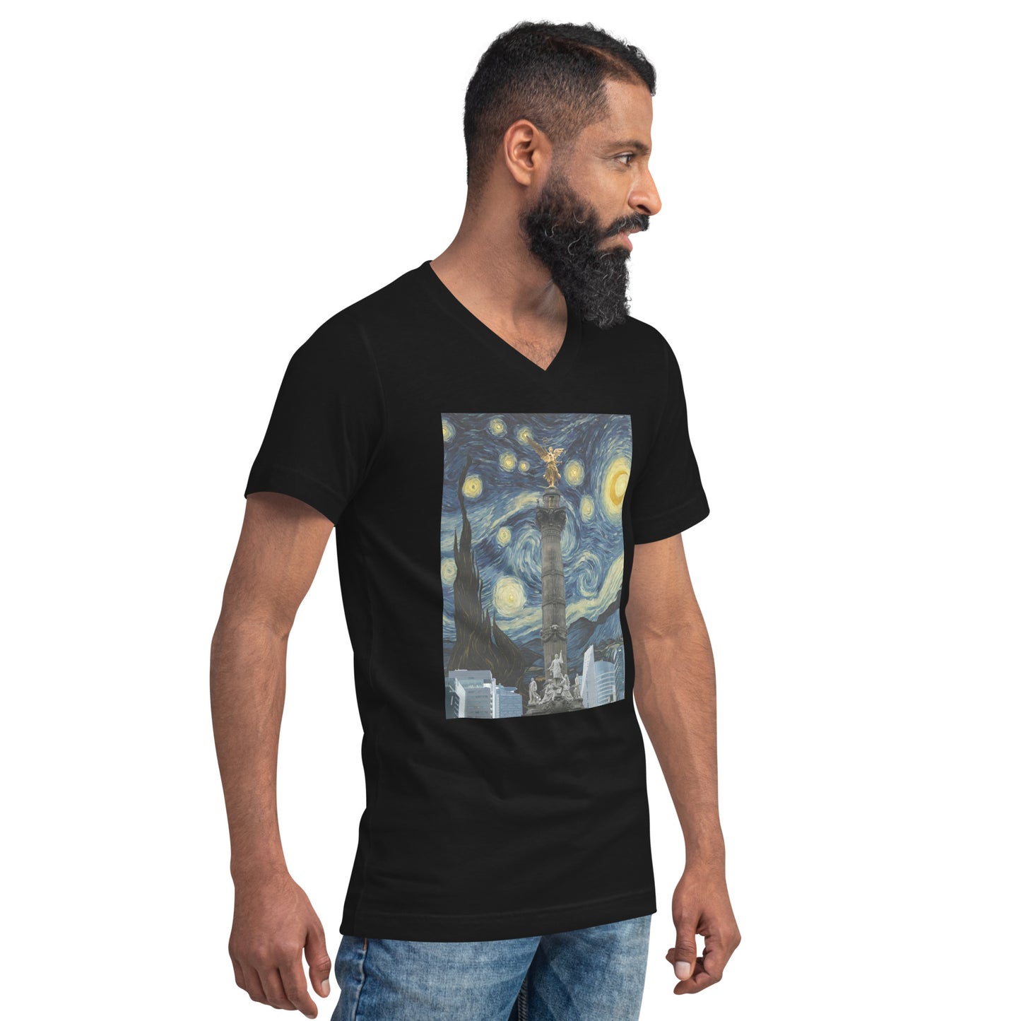 Unisex Short Sleeve V-Neck T-Shirt Angel de la Independencia on a Starry Night