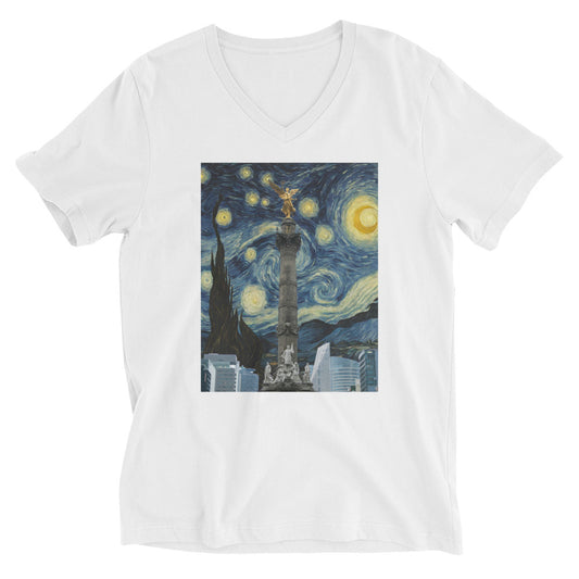 Unisex Short Sleeve V-Neck T-Shirt Angel de la Independencia on a Starry Night